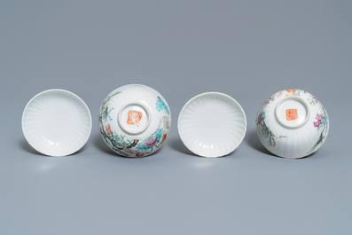 Two Chinese famille rose teapots and four covered bowls on stands, 19th C.