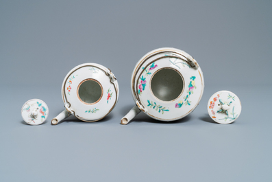 Two Chinese famille rose teapots and four covered bowls on stands, 19th C.