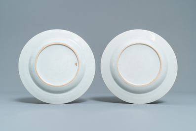 A pair of Chinese famille rose 'rooster' plates, Qianlong