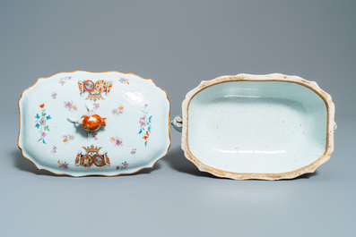 A Chinese famille rose Belgian market 'De Calenberg - De Pascale' armorial tureen, Qianlong, ca. 1755