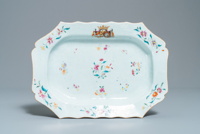 A Chinese famille rose Belgian market 'De Calenberg - De Pascale' armorial tureen, Qianlong, ca. 1755