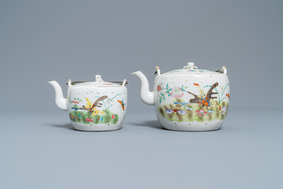 Two Chinese famille rose teapots and four covered bowls on stands, 19th C.