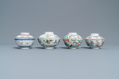 Two Chinese famille rose teapots and four covered bowls on stands, 19th C.