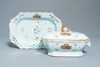 A Chinese famille rose Belgian market 'De Calenberg - De Pascale' armorial tureen, Qianlong, ca. 1755