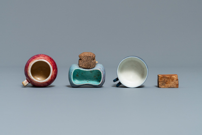 Three Chinese monochrome bird feeders, 19/20th C.