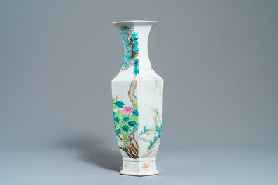 A Chinese hexagonal qianjiang cai landscape vase, 19/20th C.