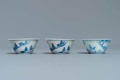 Eight Chinese blue and white cups and saucers, Kangxi/Qianlong