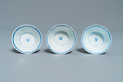 Eight Chinese blue and white cups and saucers, Kangxi/Qianlong