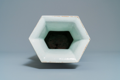 A Chinese hexagonal qianjiang cai landscape vase, 19/20th C.