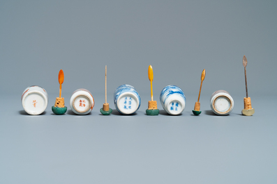 Five Chinese blue and white, iron- and copper-red snuff bottles, 19th C.