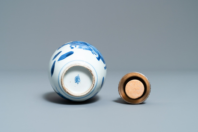 A Chinese blue and white silver-lidded tea caddy, Kangxi