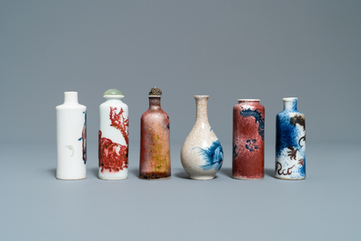 Six Chinese blue and white and copper-red snuff bottles, 19/20th C.