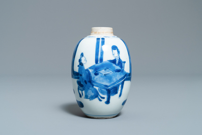 A Chinese blue and white silver-lidded tea caddy, Kangxi