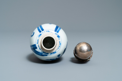A Chinese blue and white silver-lidded tea caddy, Kangxi