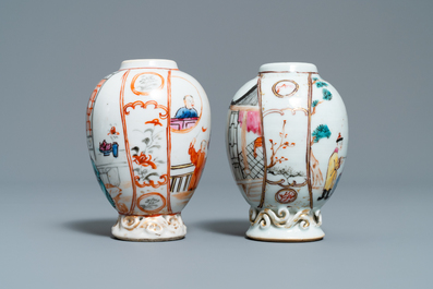 Two Chinese famille rose teapots and two tea caddies, Qianlong