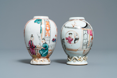 Two Chinese famille rose teapots and two tea caddies, Qianlong