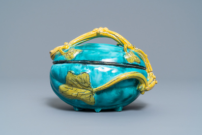 A polychrome Brussels faience melon-shaped tureen and cover, 18th C.