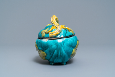 A polychrome Brussels faience melon-shaped tureen and cover, 18th C.