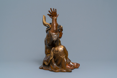 A large Japanese parcel-gilt bronze okimono of Benkei holding a koro or incense burner, attr. to Miyao Eisuke, Meiji, ca. 1900