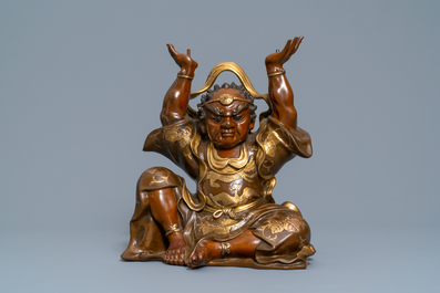 A large Japanese parcel-gilt bronze okimono of Benkei holding a koro or incense burner, attr. to Miyao Eisuke, Meiji, ca. 1900