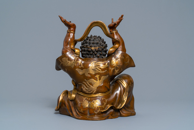 A large Japanese parcel-gilt bronze okimono of Benkei holding a koro or incense burner, attr. to Miyao Eisuke, Meiji, ca. 1900