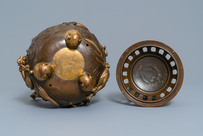 A large Japanese parcel-gilt bronze okimono of Benkei holding a koro or incense burner, attr. to Miyao Eisuke, Meiji, ca. 1900