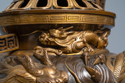 A large Japanese parcel-gilt bronze okimono of Benkei holding a koro or incense burner, attr. to Miyao Eisuke, Meiji, ca. 1900