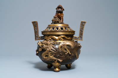 A large Japanese parcel-gilt bronze okimono of Benkei holding a koro or incense burner, attr. to Miyao Eisuke, Meiji, ca. 1900