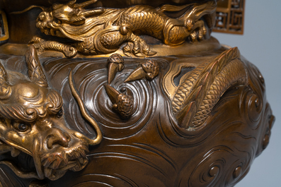A large Japanese parcel-gilt bronze okimono of Benkei holding a koro or incense burner, attr. to Miyao Eisuke, Meiji, ca. 1900