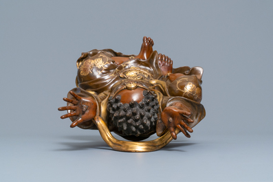 A large Japanese parcel-gilt bronze okimono of Benkei holding a koro or incense burner, attr. to Miyao Eisuke, Meiji, ca. 1900