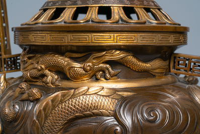 A large Japanese parcel-gilt bronze okimono of Benkei holding a koro or incense burner, attr. to Miyao Eisuke, Meiji, ca. 1900