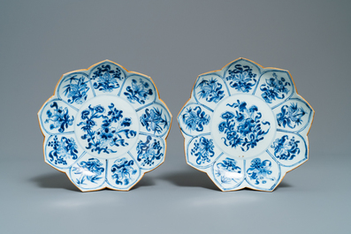 Four Chinese blue and white lotus-shaped plates with floral design, Kangxi