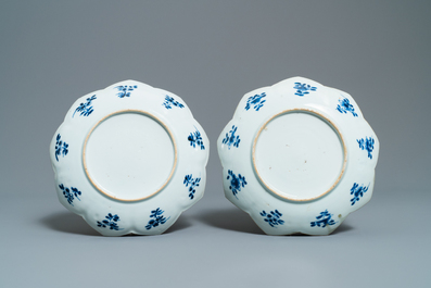 Four Chinese blue and white lotus-shaped plates with floral design, Kangxi