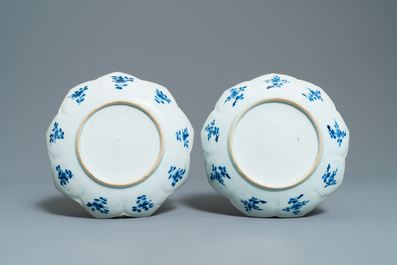 Four Chinese blue and white lotus-shaped plates with floral design, Kangxi