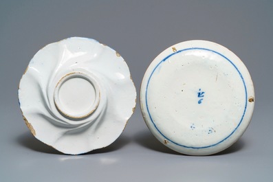 Two Dutch Delft blue and white chinoiserie plates and a dish, 17/18th C.