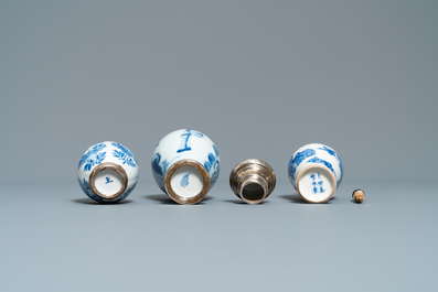 Three Chinese silver-mounted blue and white vases and a teapot, Kangxi