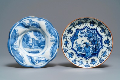 Two Dutch Delft blue and white chinoiserie plates and a dish, 17/18th C.