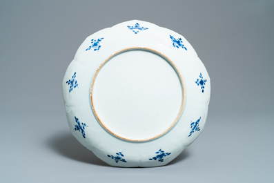 A Chinese blue and white lotus-shaped dish with floral design, Kangxi