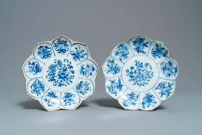 Four Chinese blue and white lotus-shaped plates with floral design, Kangxi