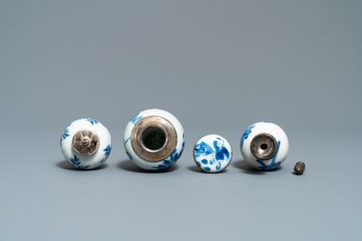 Three Chinese silver-mounted blue and white vases and a teapot, Kangxi