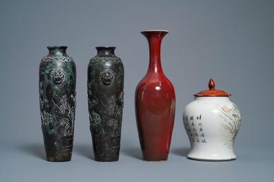 A varied selection of Chinese porcelain, bronze, wood and hardstone, 19/20th C.