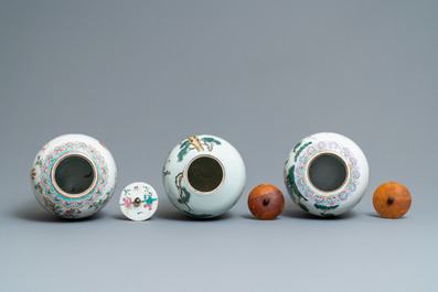 Three Chinese famille rose and qianjiang cai jars, 19/20th C.