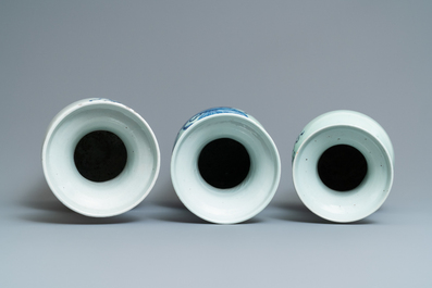 Three Chinese blue and white and celadon-ground 'Buddhist lion' vases, 19th C.