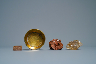 A varied selection of Chinese porcelain, bronze, wood and hardstone, 19/20th C.