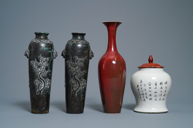 A varied selection of Chinese porcelain, bronze, wood and hardstone, 19/20th C.