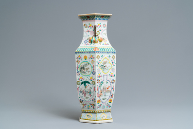 A Chinese hexagonal famille rose 'antiquities' vase and a bowl, 19th C.