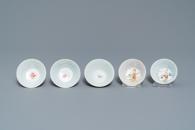 Five Chinese famille rose cups and saucers, Yongzheng/Qianlong