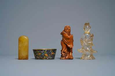 A varied selection of Chinese porcelain, bronze, wood and hardstone, 19/20th C.