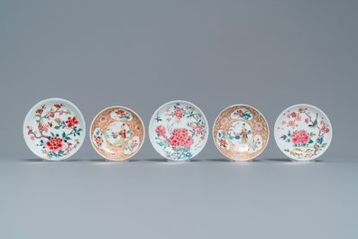 Five Chinese famille rose cups and saucers, Yongzheng/Qianlong