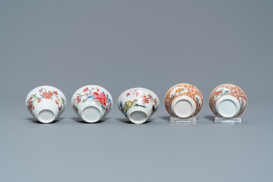 Five Chinese famille rose cups and saucers, Yongzheng/Qianlong